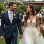 Jeune couple de mariés dans un jardin romantique lors d'un mariage
