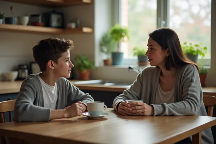 Une femme et un adolescent discutant paisiblement autour d'une table de cuisine, partageant un moment de transmission