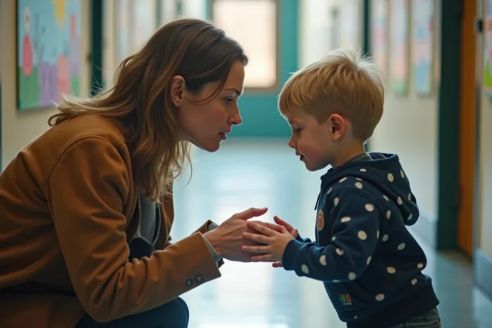 Une femme accroupie au niveau d'un jeune enfant dans un couloir scolaire, lui témoignant sa confiance et son encouragement