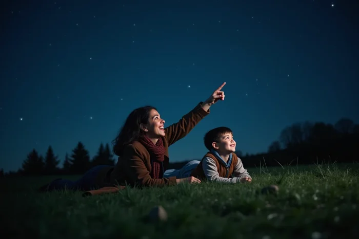 Un garçon et sa marraine allongés dans l'herbe la nuit, contemplant les étoiles ensemble