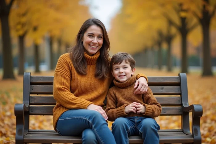 Une femme et son filleul assis ensemble sur un banc de parc en automne, souriant chaleureusement