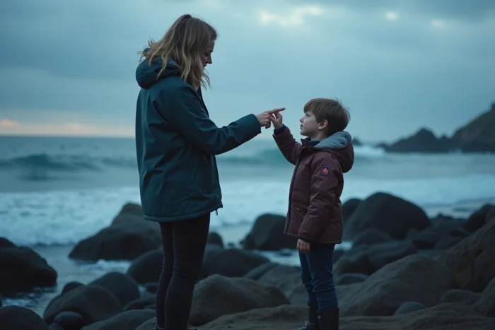 Une femme guidant son filleul du regard sur un bord de mer rocheux, évoquant son rôle de repère et de phare