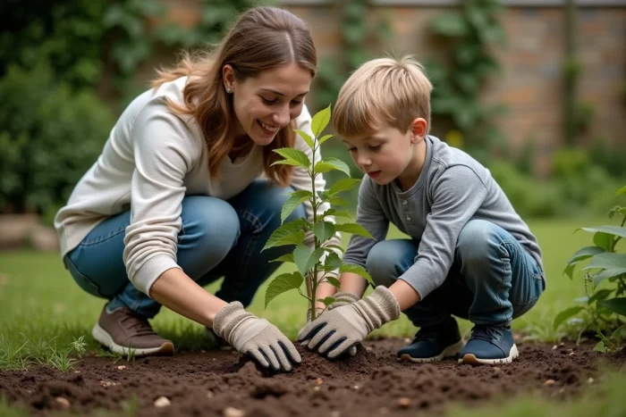 Une femme et son filleul plantant ensemble un arbre dans un jardin, symbolisant les racines et les ailes transmises