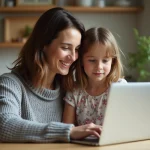 Mère et fille utilisant un ordinateur portable ensemble dans une cuisine familiale chaleureuse pour découvrir des outils en ligne