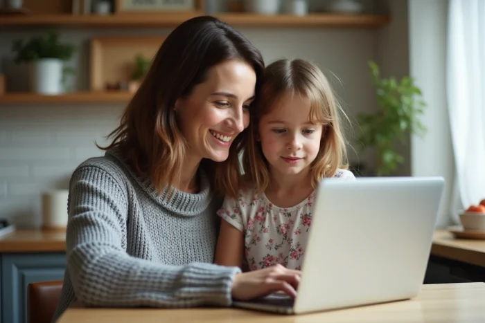 Mère et fille utilisant un ordinateur portable ensemble dans une cuisine familiale chaleureuse pour découvrir des outils en ligne