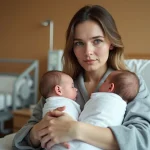 Jeune mère tenant deux jumeaux nouveau-nés dans ses bras dans une chambre de maternité moderne