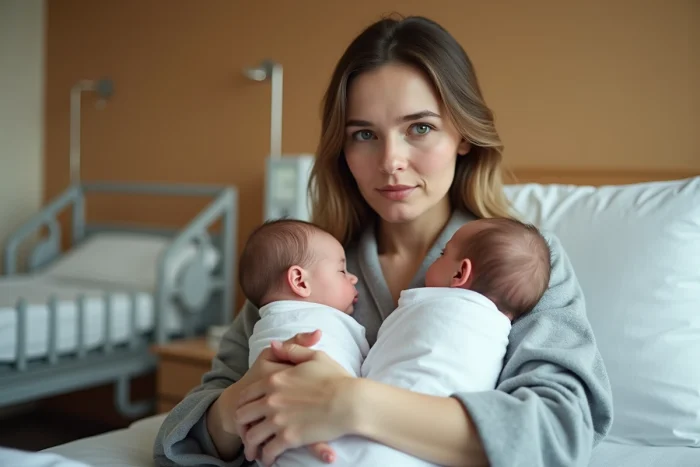 Jeune mère tenant deux jumeaux nouveau-nés dans ses bras dans une chambre de maternité moderne