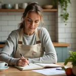 Femme organisant ses menus hebdomadaires dans un carnet de planification posé sur une table en bois de cuisine
