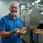 Ouvrier en usine de nourriture pour animaux tenant des croquettes