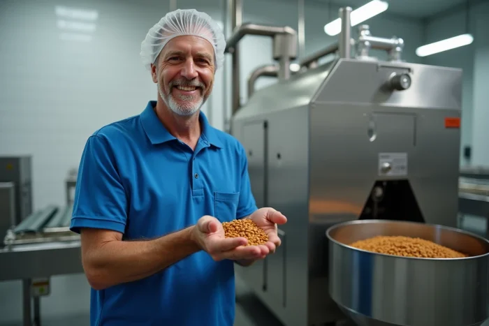 Ouvrier en usine de nourriture pour animaux tenant des croquettes