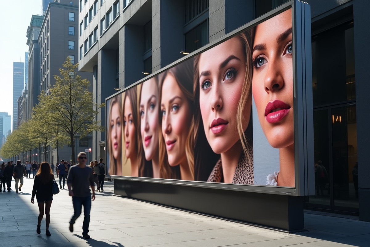 Panneau publicitaire avec visages flous de célébrités en ville