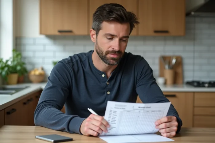 Père consultant une courbe de poids de jumeaux imprimée à la table de la cuisine familiale