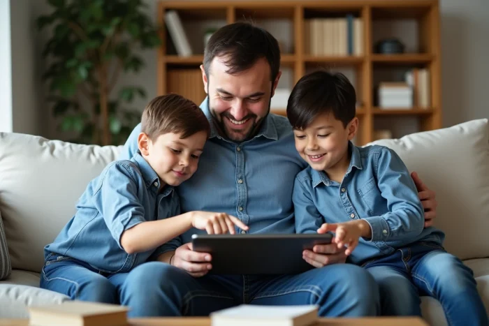 Père et deux enfants explorant des outils numériques éducatifs sur une tablette dans un salon moderne