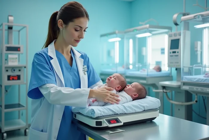 Néonatologue pesant un bébé jumeau prématuré sur une balance médicale en unité de soins intensifs néonatals