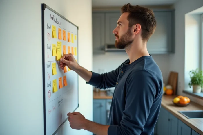 Homme planifiant ses repas de la semaine sur un tableau blanc avec des post-it colorés dans une cuisine moderne
