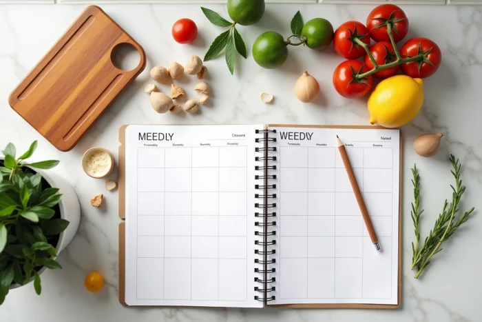 Vue de dessus d'un planning de menus hebdomadaires en papier kraft entouré d'ingrédients frais et d'un smartphone avec une application de recettes