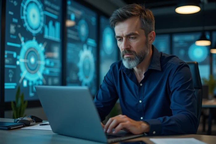 Homme professionnel en cybersécurité travaillant sur un ordinateur