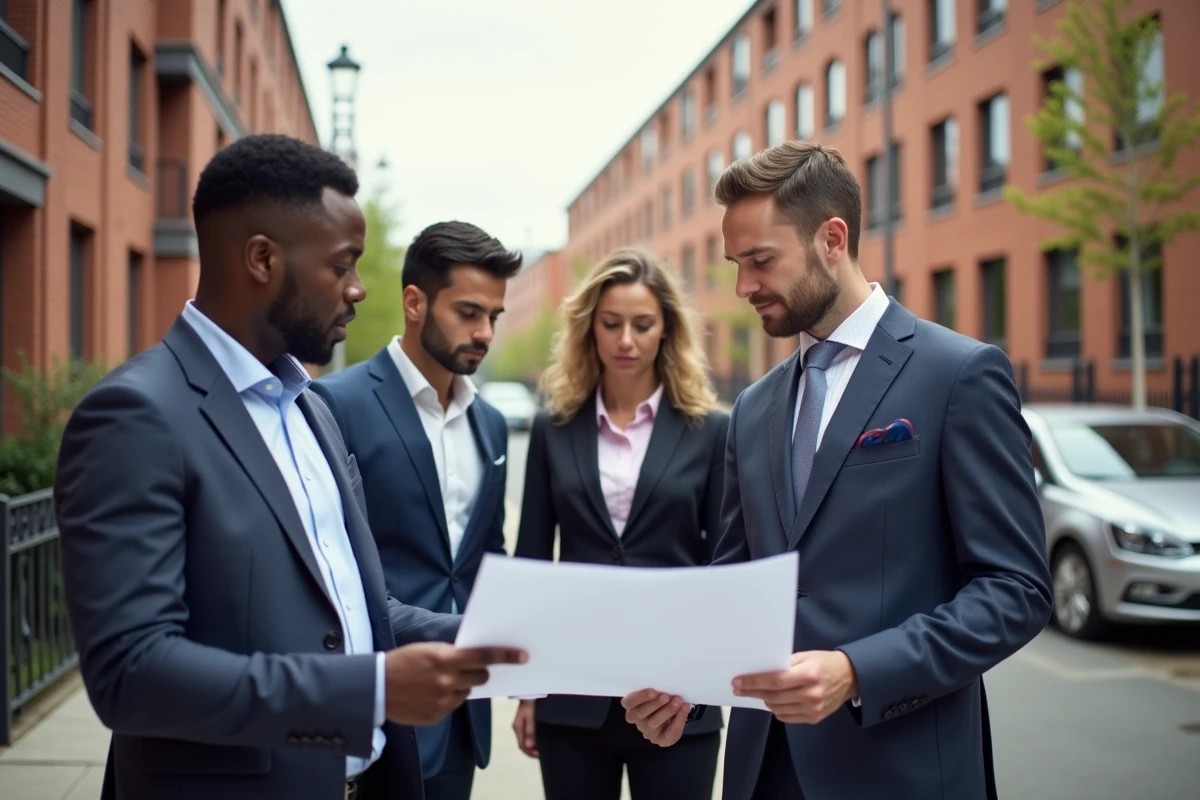 Groupe de professionnels examinant des plans devant un immeuble neuf
