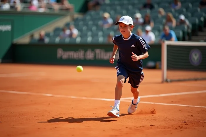 Ramasseur de balles en pleine course sur la terre battue de Roland Garros pour récupérer une balle de tennis