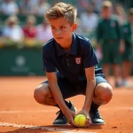 Ramasseur de balles à Roland Garros en uniforme officiel accroupi sur le court en terre battue lors d'un match