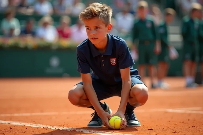 Ramasseur de balles à Roland Garros en uniforme officiel accroupi sur le court en terre battue lors d'un match