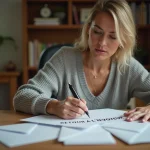 Femme écrivant 'Retour à l'envoyeur' sur une enveloppe blanche à son bureau à domicile