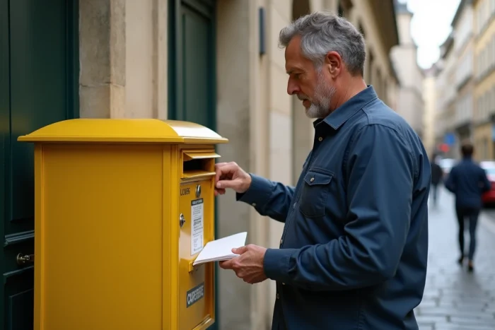 Homme déposant une enveloppe mal adressée dans une boîte aux lettres jaune en milieu urbain