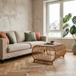 Salon scandinave moderne décoré avec des coussins terracotta et vert sauge, table basse en rotin et plante monstera dans un appartement aux murs en plâtre brut