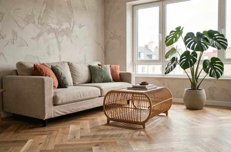 Salon scandinave moderne décoré avec des coussins terracotta et vert sauge, table basse en rotin et plante monstera dans un appartement aux murs en plâtre brut