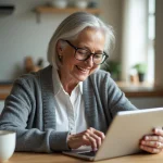 Femme senior souriante lisant sur une tablette dans la cuisine