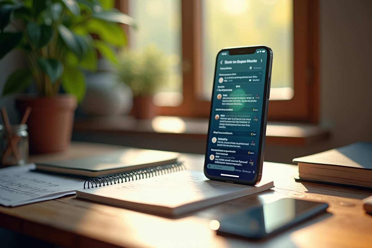 Smartphone avec notifications urgentes sur un bureau organisé et ensoleille