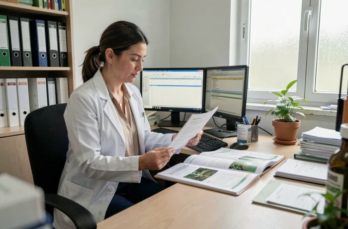 Technicienne agricole consultant des documents réglementaires sur les herbicides glyphosate au Portugal