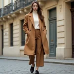 Femme portant un blazer camel oversize et un pantalon large dans une rue pavée parisienne, tendance mode automne
