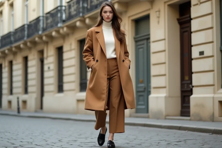 Femme portant un blazer camel oversize et un pantalon large dans une rue pavée parisienne, tendance mode automne