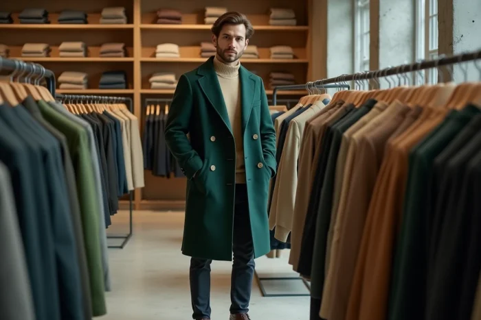 Homme élégant en manteau vert forêt dans un concept store minimaliste, tendances mode masculine hiver