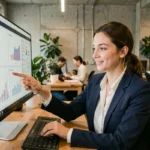 Femme professionnelle consultant des tableaux de bord numériques dans un espace de coworking moderne, illustrant les tendances digitales actuelles