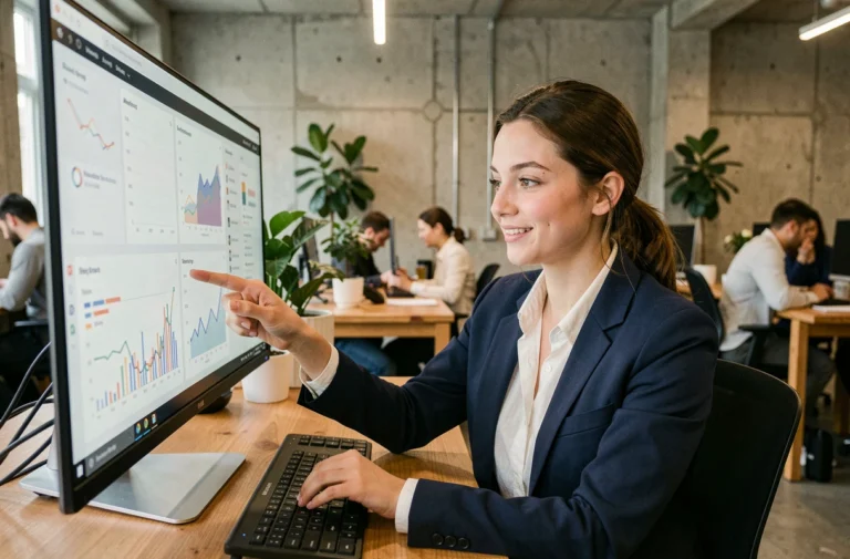 Femme professionnelle consultant des tableaux de bord numériques dans un espace de coworking moderne, illustrant les tendances digitales actuelles