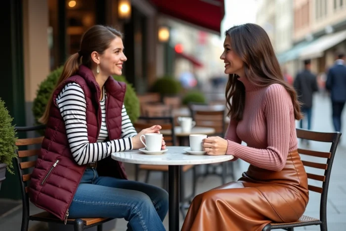 Deux femmes stylées en terrasse de café parisien portant les tendances mode de la saison, gilet matelassé et jupe en cuir