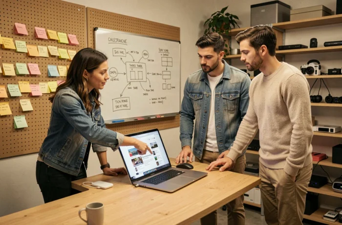 Équipe de professionnels du digital collaborant autour d'un rapport de tendances numériques dans un bureau de startup créatif
