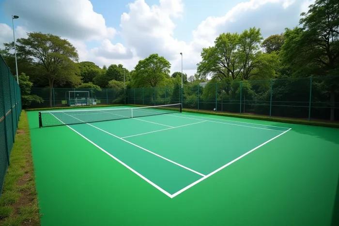 Vue aérienne d'un terrain de tennis en résine acrylique neuf avec marquages blancs et filet installé