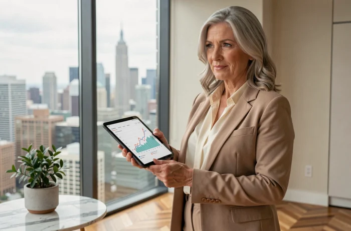 Femme cadre évaluant des investissements immobiliers sur tablette dans un appartement contemporain avec vue sur la ville