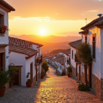 Village ancien en Espagne au lever du soleil avec ruelles pavées