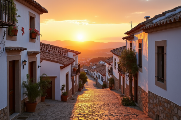 Village ancien en Espagne au lever du soleil avec ruelles pavées