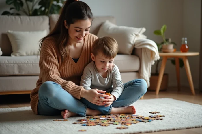 Une marraine et son filleul assis sur un tapis, réalisant ensemble un puzzle dans un silence complice