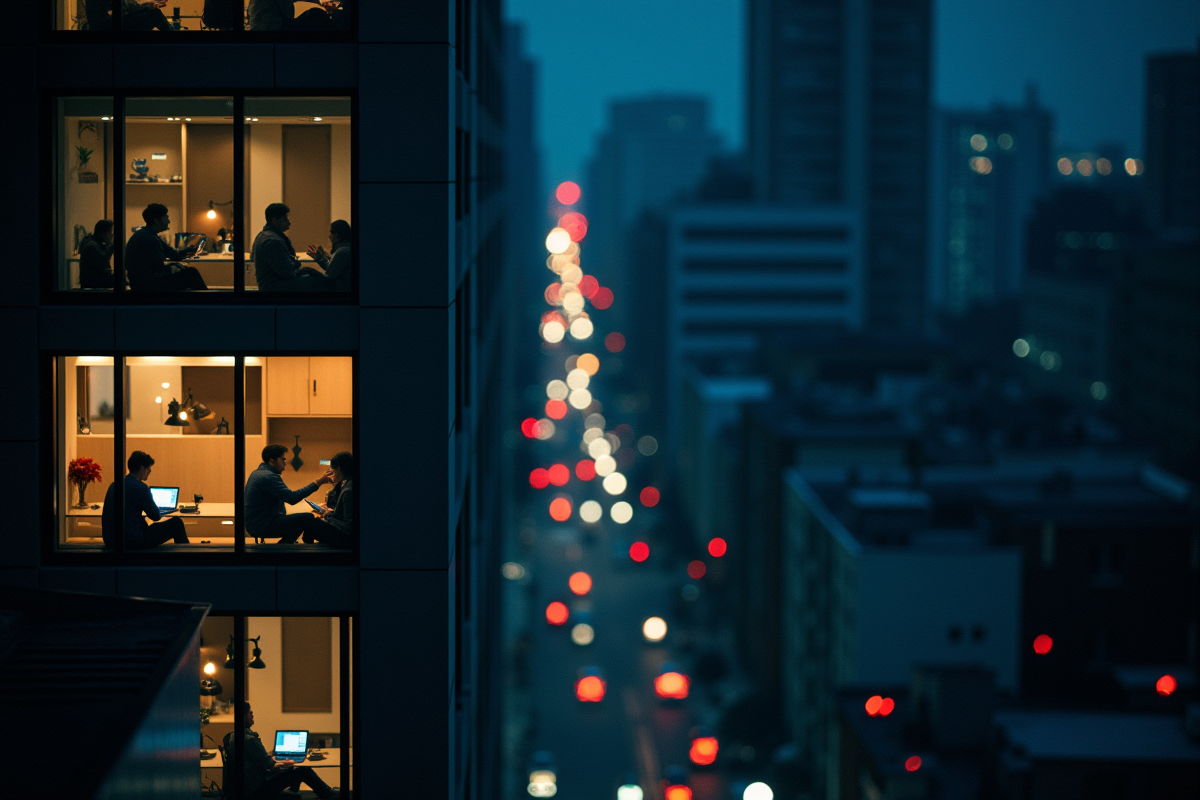 Scène urbaine nocturne vue du dessus avec lumières néon et personnes utilisant appareils